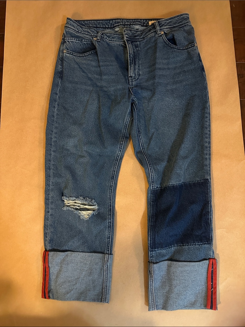 ASOS Blue Denim Boyfriend Jeans with Dark Patch and Red Trim Cuffs